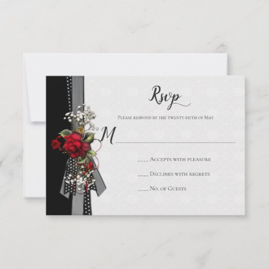 Red Roses Baby's Breath Ribbons Kalligrafie RSVP (Voorkant)