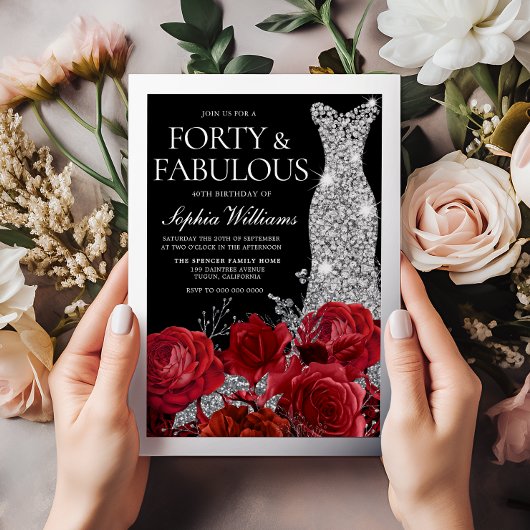 Red Roses & Black 40th Birthday Silver Folie Uitnodiging