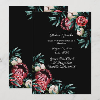 Red Roses Black Background Elegant Script Wedding Kaart