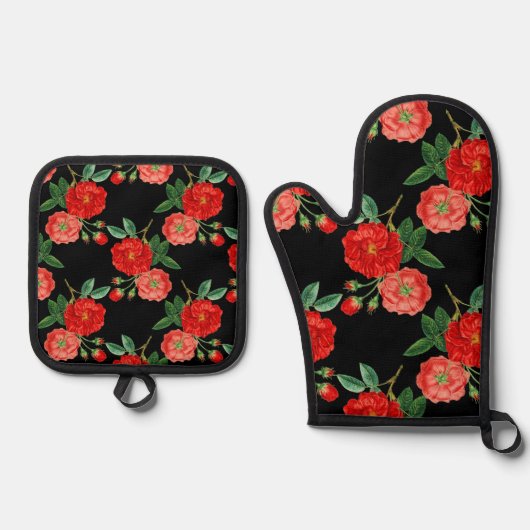 Red roses, black background, ovenwant & pannenlap set (Voorkant)