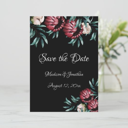 Red Roses Black Background Script Elegant Save The Date (Staand voorkant)