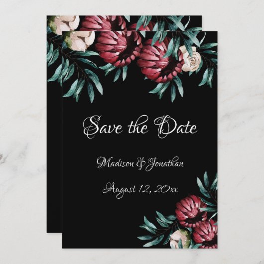 Red Roses Black Background Script Elegant Save The Date (Voorkant / Achterkant)