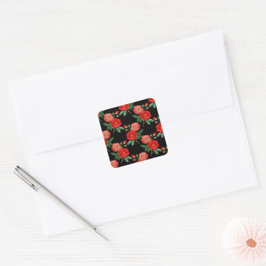 Red Roses, Black Background, Vierkante Sticker (Envelop)