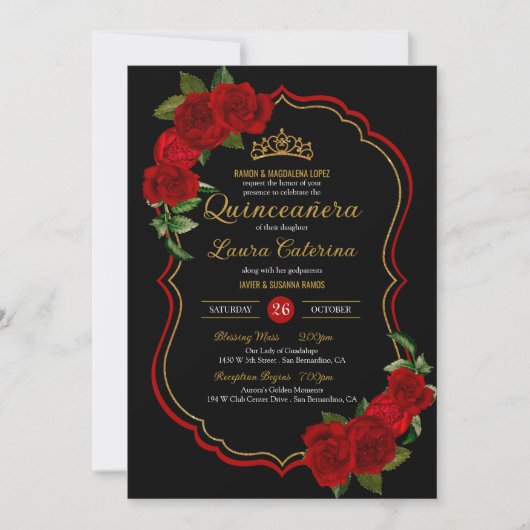 Red Roses Black en Gold Elegant Quinceanera Kaart (Voorkant)