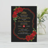 Red Roses Black en Gold Elegant Quinceanera Kaart (Staand voorkant)