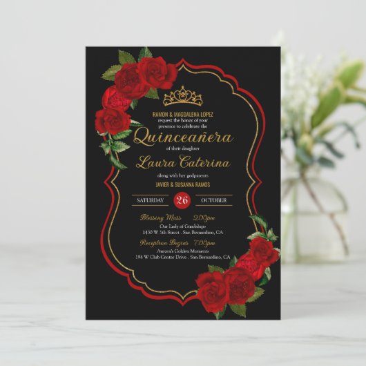Red Roses Black en Gold Elegant Quinceanera Kaart (Staand voorkant)
