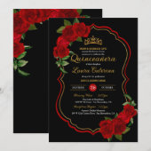 Red Roses Black en Gold Elegant Quinceanera Kaart (Voorkant / Achterkant)