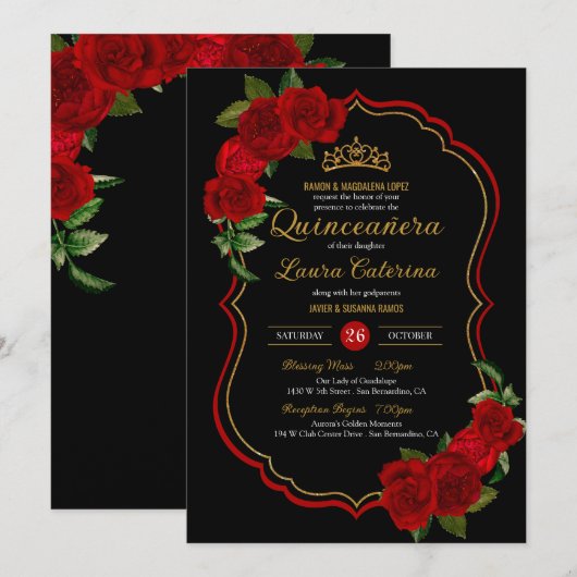 Red Roses Black en Gold Elegant Quinceanera Kaart (Voorkant / Achterkant)