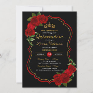 Red Roses Black en Gold Elegant Quinceanera Kaart