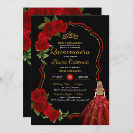 Red Roses Black en Gold Elegant Quinceanera Kaart