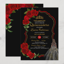 Red Roses Black en Gold Elegant Quinceanera Kaart