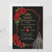Red Roses Black en Gold Elegant Quinceanera Kaart (Voorkant)