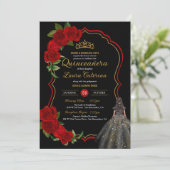 Red Roses Black en Gold Elegant Quinceanera Kaart (Staand voorkant)