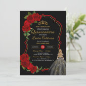Red Roses Black en Gold Elegant Quinceanera Kaart (Staand voorkant)