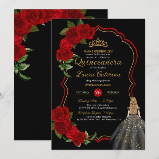 Red Roses Black en Gold Elegant Quinceanera Kaart (Voorkant / Achterkant)