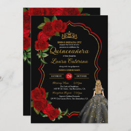 Red Roses Black en Gold Elegant Quinceanera Kaart
