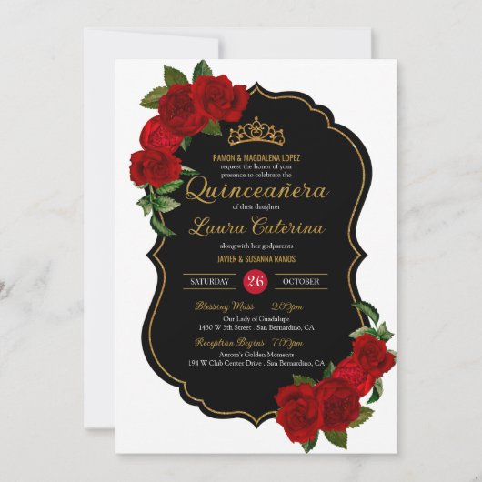 Red Roses Black en Gold Elegant Quinceanera Kaart (Voorkant)