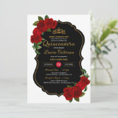 Red Roses Black en Gold Elegant Quinceanera Kaart (Staand voorkant)