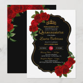 Red Roses Black en Gold Elegant Quinceanera Kaart (Voorkant / Achterkant)