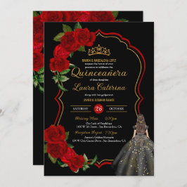 Red Roses Black en Gold Elegant Quinceanera Kaart