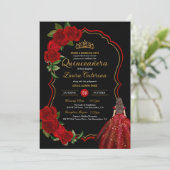 Red Roses Black en Gold Elegant Quinceanera Kaart (Staand voorkant)