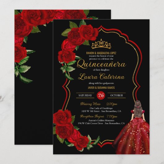 Red Roses Black en Gold Elegant Quinceanera Kaart (Voorkant / Achterkant)