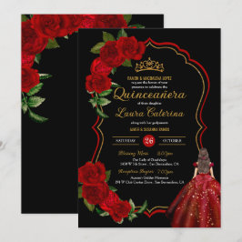 Red Roses Black en Gold Elegant Quinceanera Kaart
