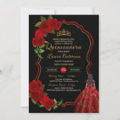 Red Roses Black en Gold Elegant Quinceanera Kaart (Voorkant)