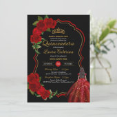 Red Roses Black en Gold Elegant Quinceanera Kaart (Staand voorkant)
