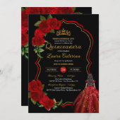Red Roses Black en Gold Elegant Quinceanera Kaart (Voorkant / Achterkant)