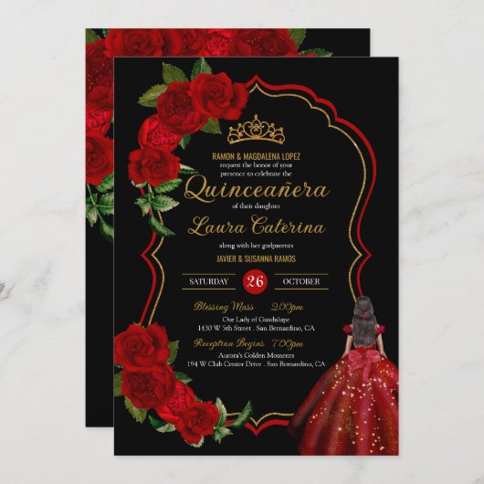 Red Roses Black en Gold Elegant Quinceanera Kaart (Voorkant / Achterkant)