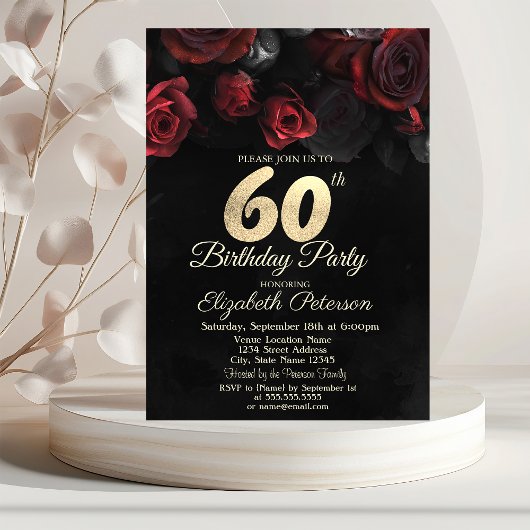 Red Roses Black Gold 60th Birthday Kaart