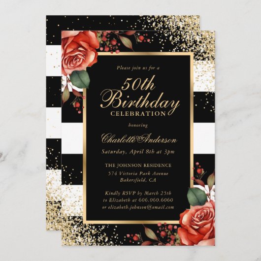 Red Roses Black Gold Confetti 50ste verjaardag Kaart (Voorkant / Achterkant)