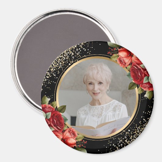 Red Roses Black Gold Floral Photo Magneet (Voorkant / Achterkant)