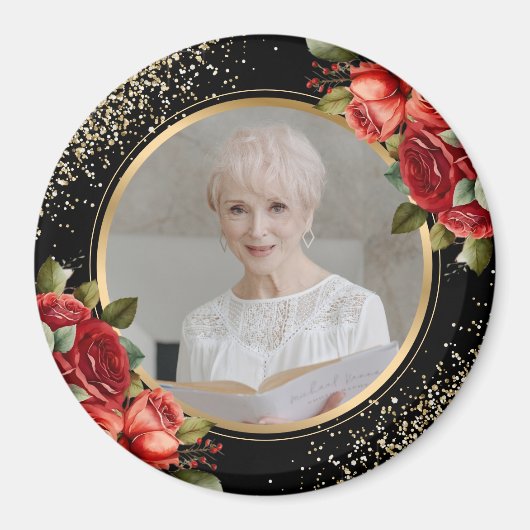 Red Roses Black Gold Floral Photo Magneet (Voorkant)
