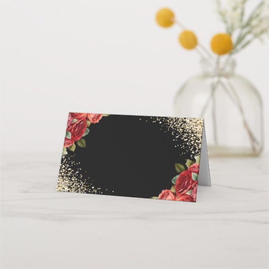 Red Roses Black Gold Floral Plaatskaartje (Achterkant)