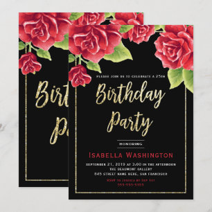 Red Roses Black & Gold Glitter Birthday Party Kaart