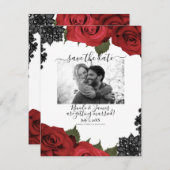 Red Roses Black Lace White Wedding Save the Date Kaart (Voorkant / Achterkant)