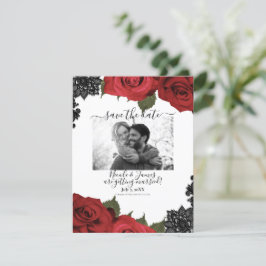 Red Roses Black Lace White Wedding Save the Date Kaart
