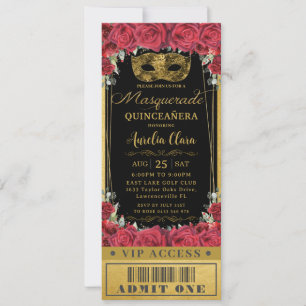 Red Roses Black Quinceañera Masquerade VIP Ticket Kaart
