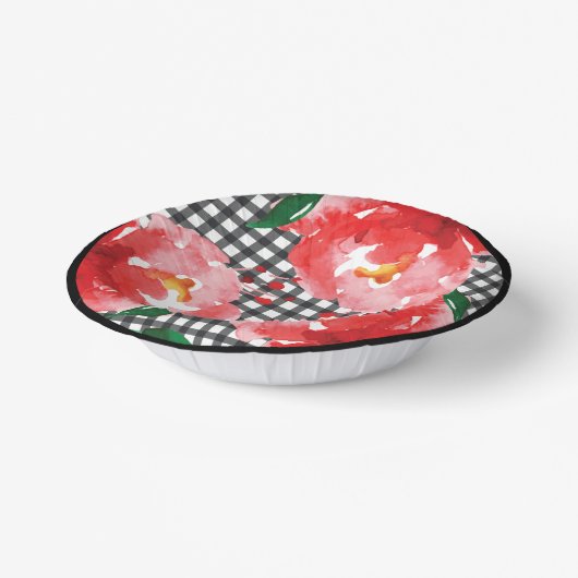 Red Roses Black White Gingham Papieren Kommen (Gebogen)