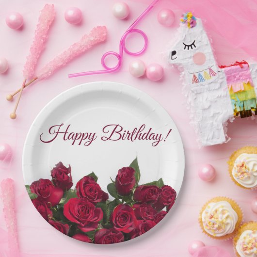 Red roses blije verjaardag papieren bordje (Feest)