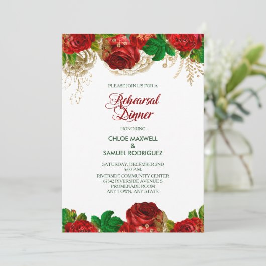 Red Roses Bloemen repetitie diner uitnodiging (Staand voorkant)