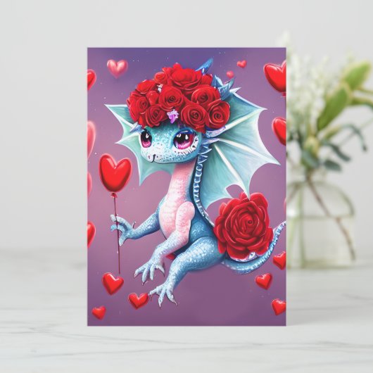 Red Roses Blue Dragon Valentijn Fantasy Feestdagenkaart (Staand voorkant)