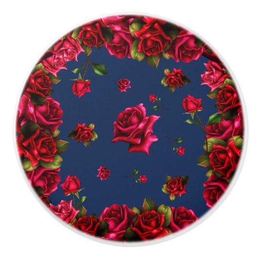 Red Roses Blue Floral Shabby Chic Glam Land Keramische Knop (Voorkant)