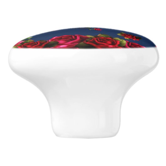 Red Roses Blue Floral Shabby Chic Glam Land Keramische Knop (Zijkant)