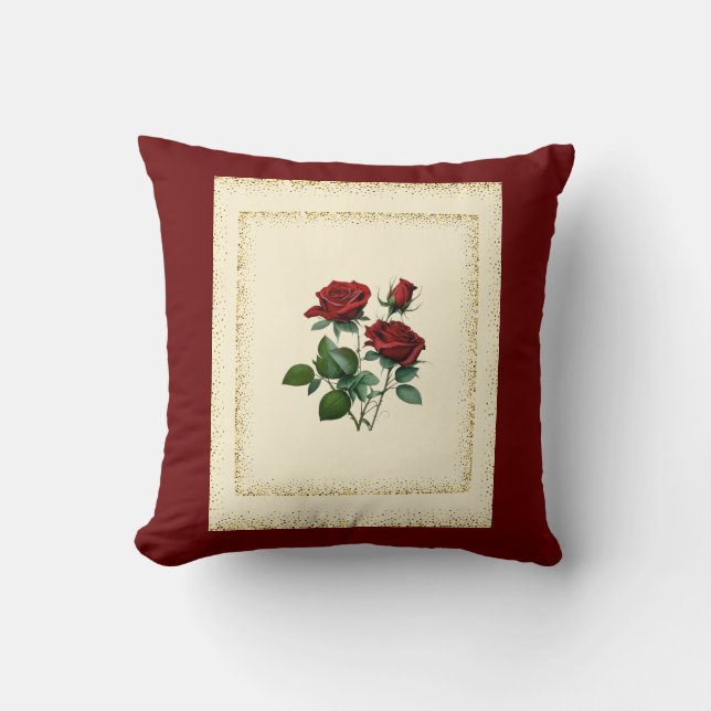 Red Roses boeket omlijst met gouden Stippen Canvas Kussen (Voorkant)