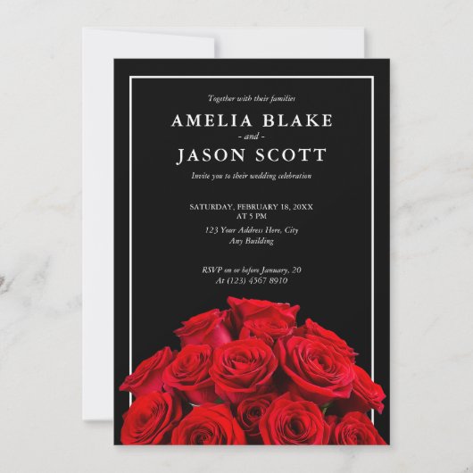 Red Roses boeket op zwarte bruiloft uitnodiging (Voorkant)