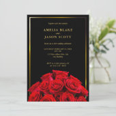 Red Roses boeket | Zwart Goud Lijst Fotobruiloft Kaart (Staand voorkant)