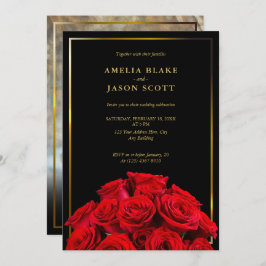 Red Roses boeket | Zwart Goud Lijst Fotobruiloft Kaart